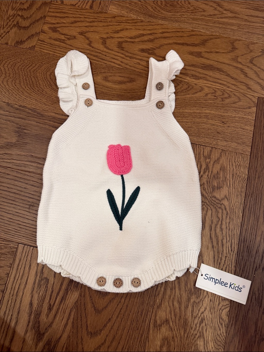 White Knit Tulip Romper - Pink & Green Tulip Accent
